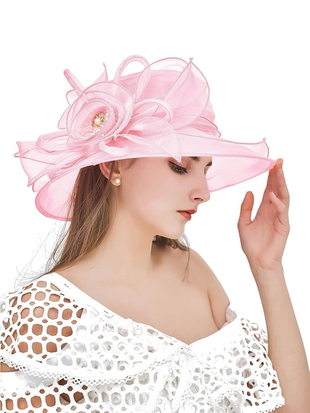 Women Derby Fascinator Hat Organza Church Wedding Light Pink